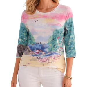 Weekends by Chico’s Scenic Top Womens Small Artsy Seaside Beachy Coastal Resort